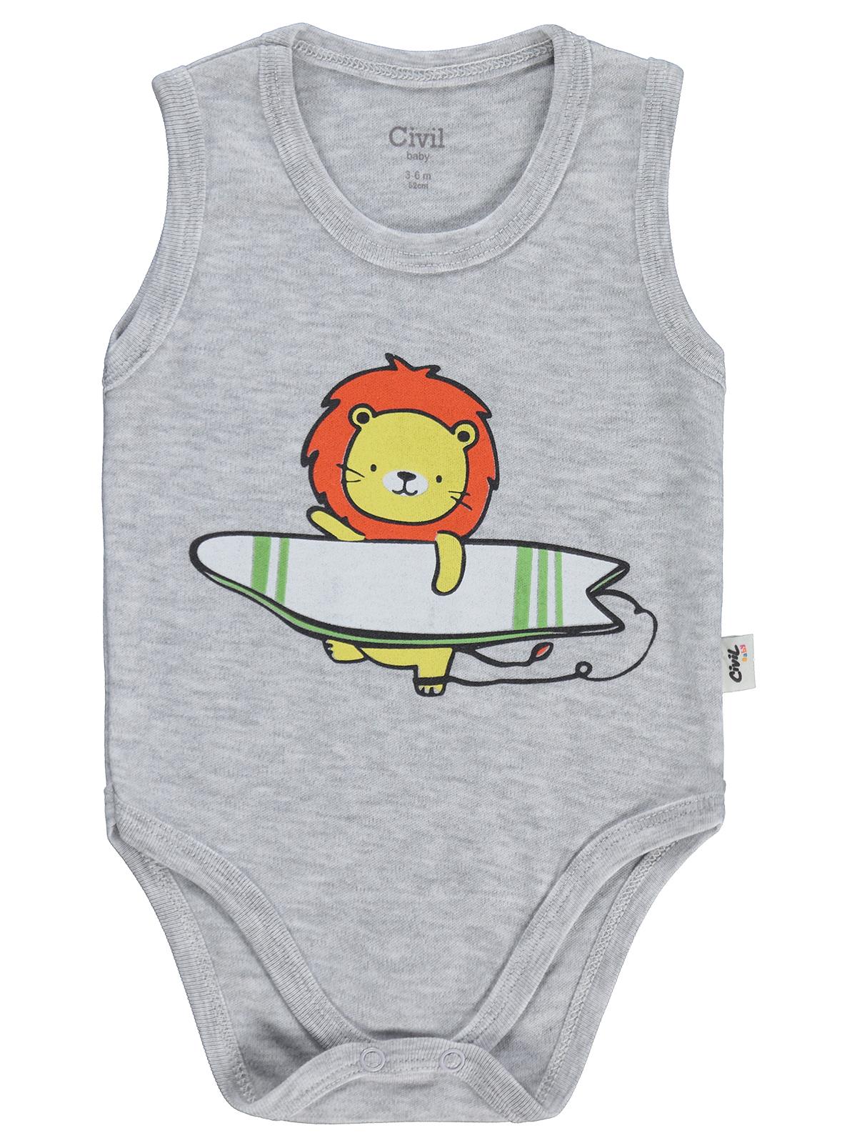 Civil Baby Aslan Baskılı 0-3 Yaş Çıtçıtlı Badi - Gri