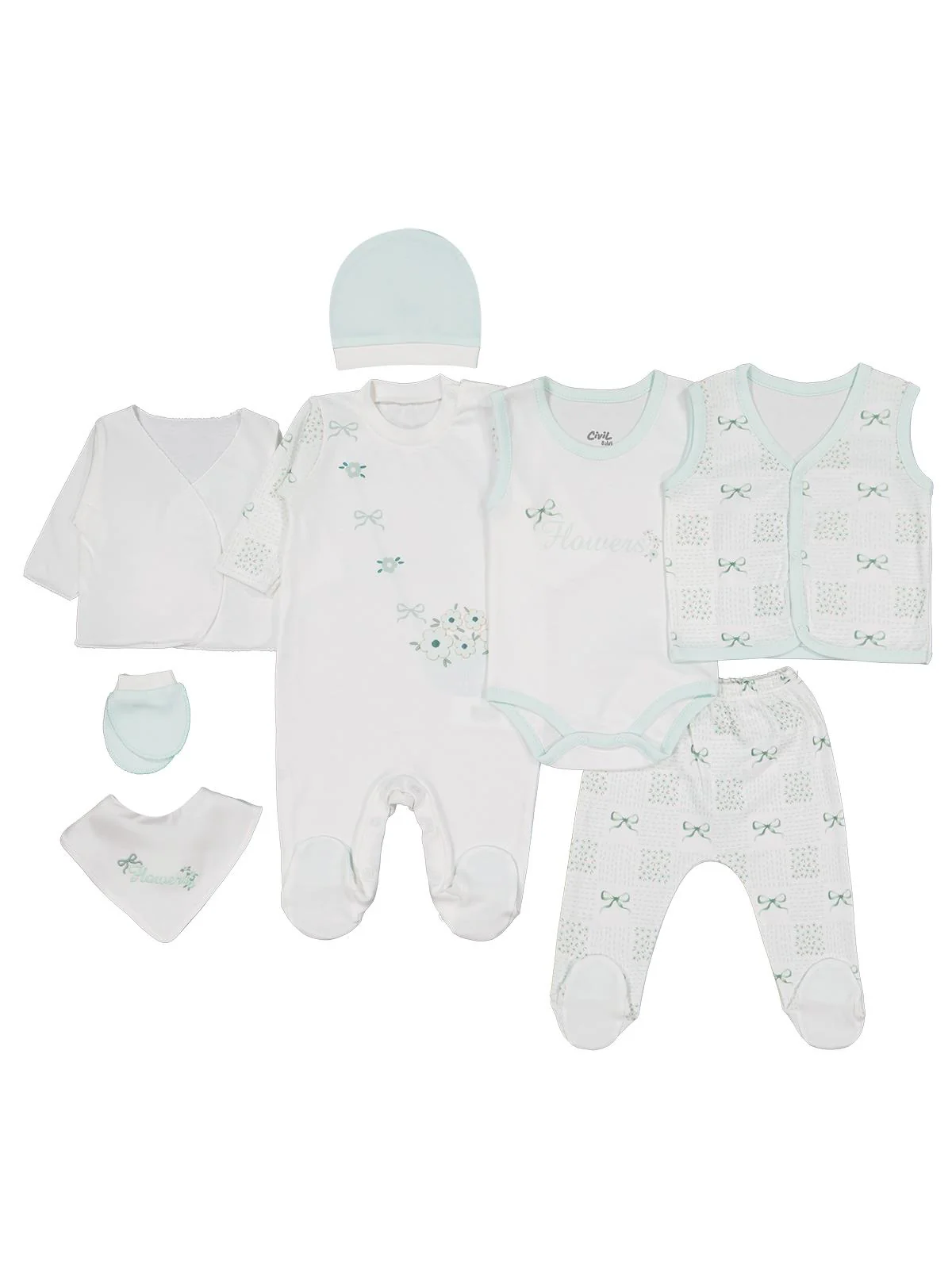 Civil Baby Çiçek Baskılı 8 li 0-1 Ay Zıbın Setleri - Yeşil