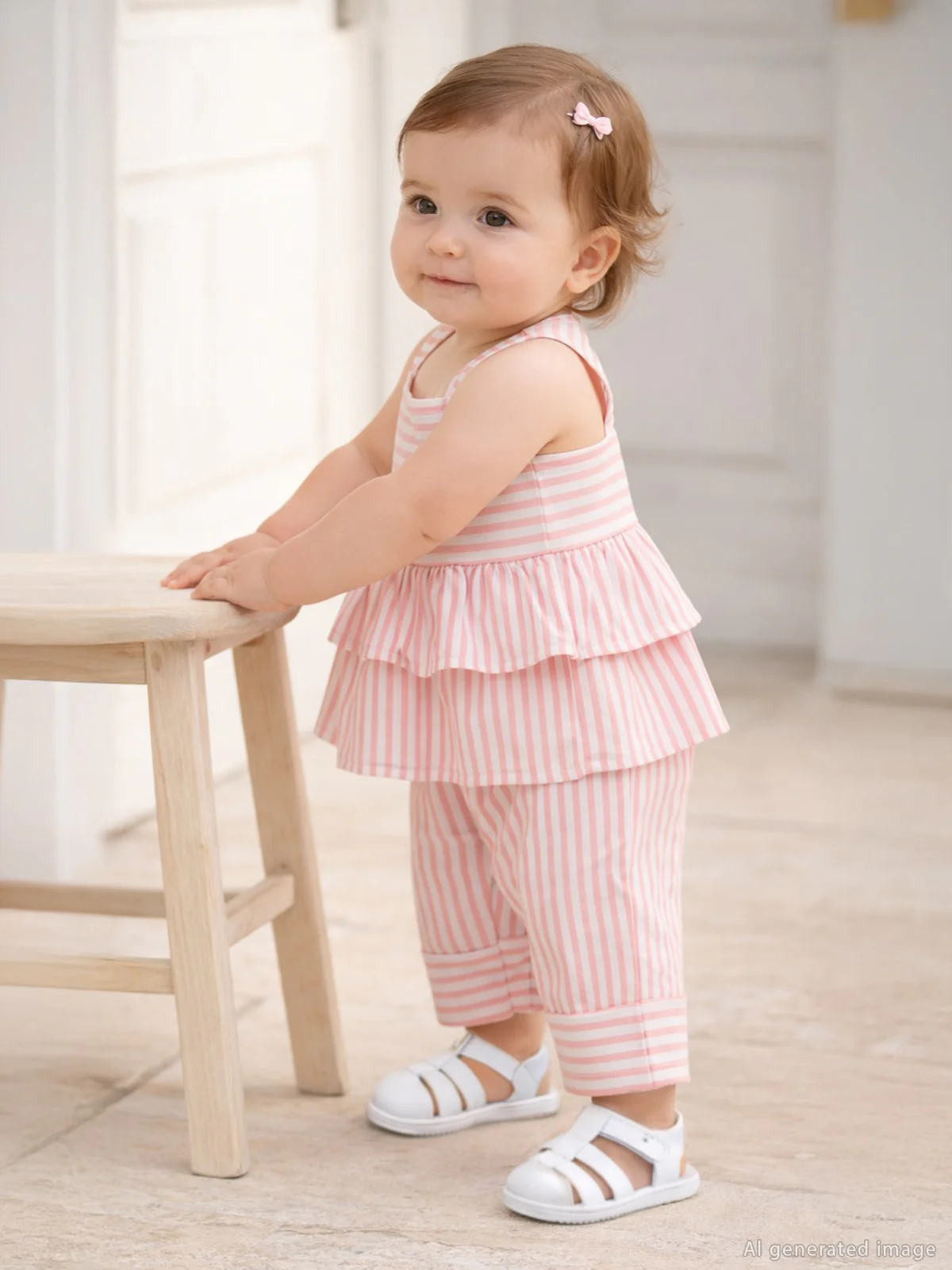 Civil Baby Çizgi Empirme Kare Yaka 6-18 Ay Takım - Ekru