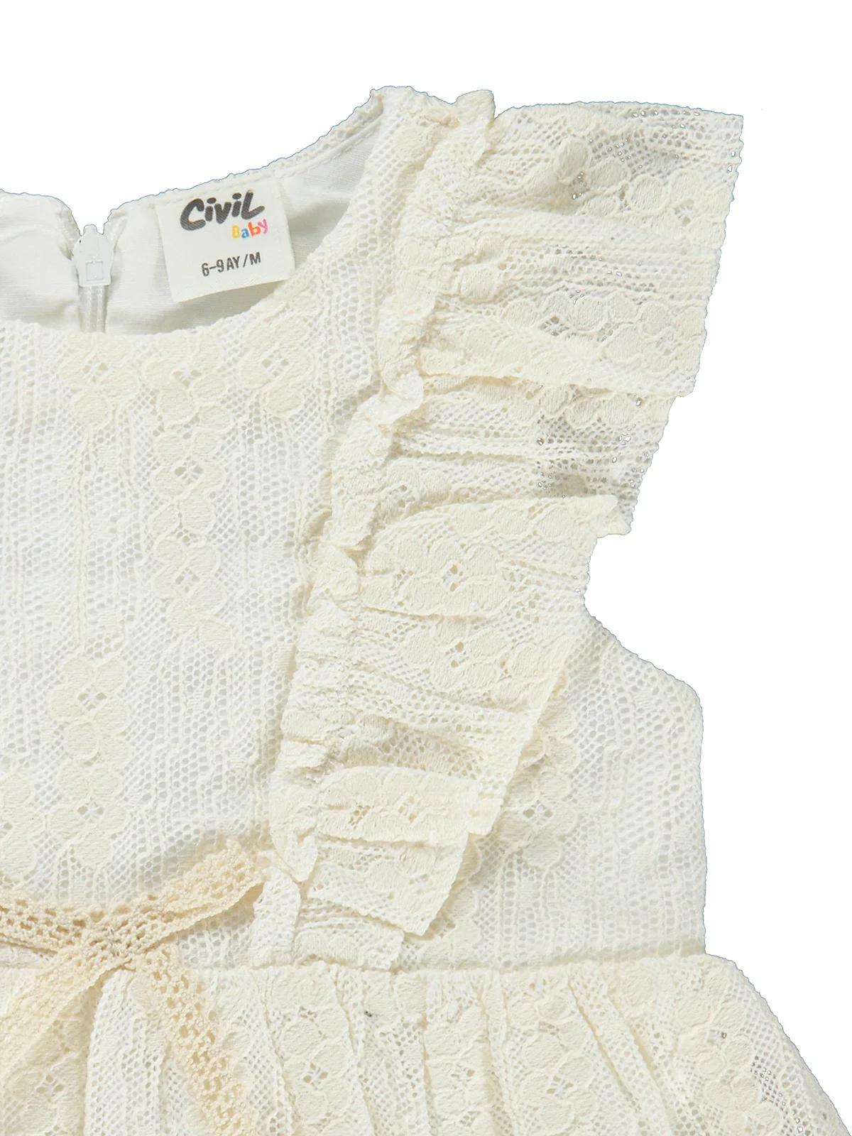 Civil Baby Dantel Bel Fiyonklu 6-18 Ay Elbise - Ekru - Image 8