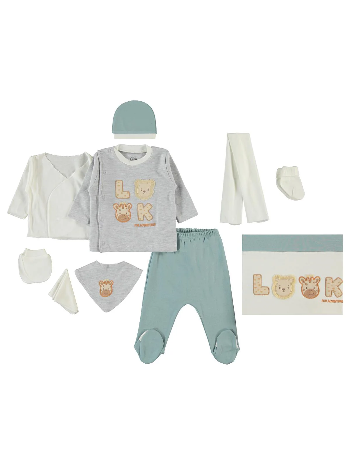 Civil Baby Look Hayvanlar Nakışlı 0-1 Ay Zıbın Setleri - Mavi