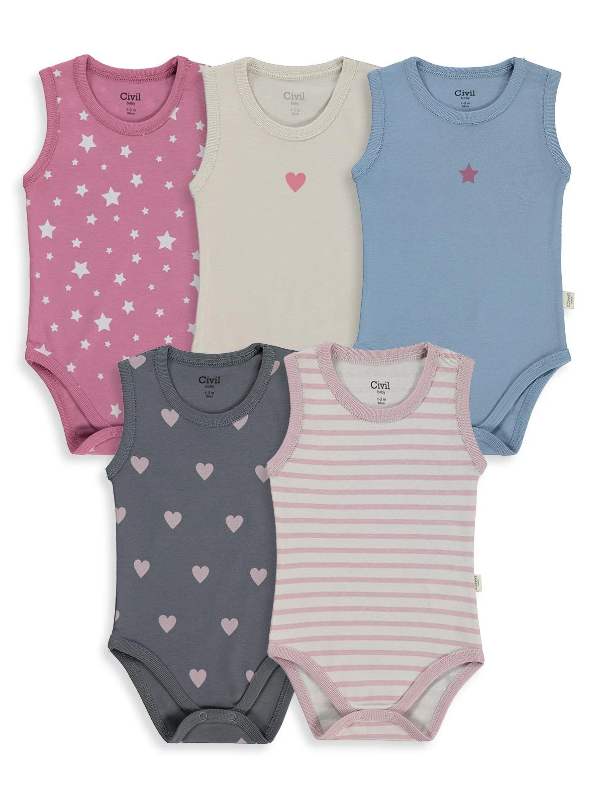 Civil Baby Yıldız Empirmeli 5 Li 1-36 Ay Çıtçıtlı Badi - Pembe