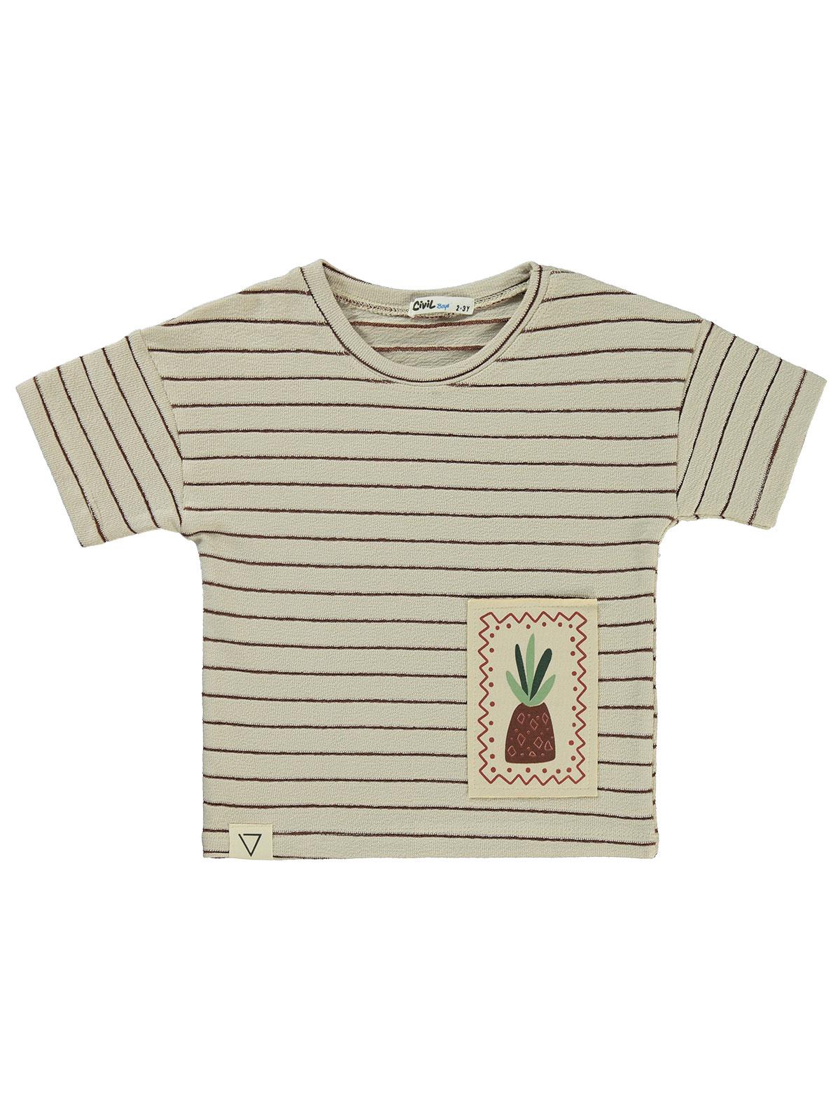 Civil Boys Çizgii Ananas Nakışlı 2-5 Yaş Tişört - Bej - Image 3