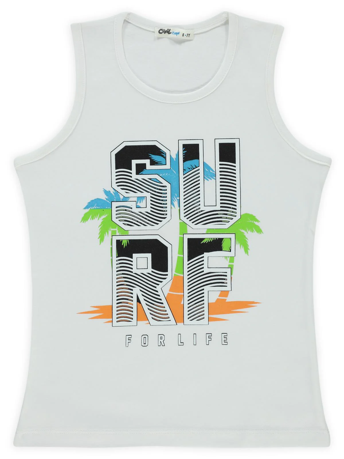 Civil Boys Surf Palmiye Baskılı 6-9 Yaş Tişört - Beyaz