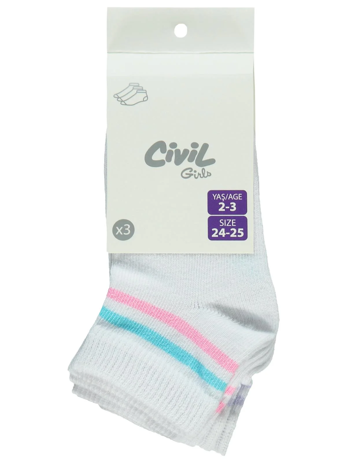 Civil Girls Basic Çizgili 3'lü 2-12 Yaş Kız Patik Çorap - Image 6