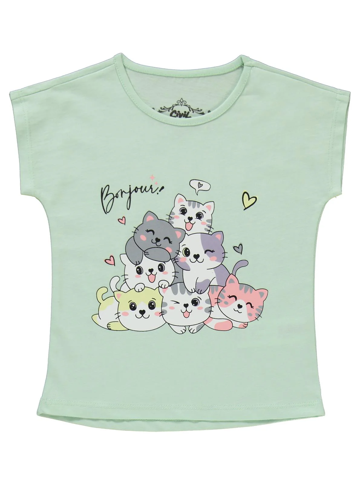 Civil Girls Kediler Baskılı 2-5 Yaş Pijama Takımı - Yeşil - Image 2