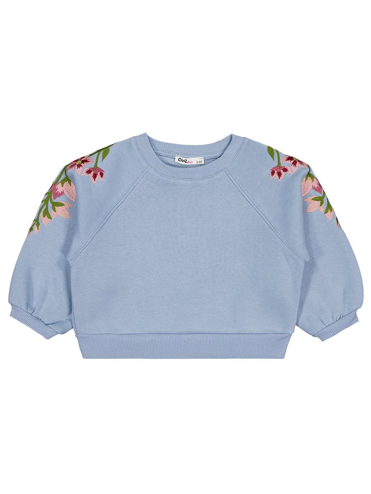 Civil Girls Omuzu Çiçek Nakışlı 2-5 Yaş Sweatshirt - Mavi