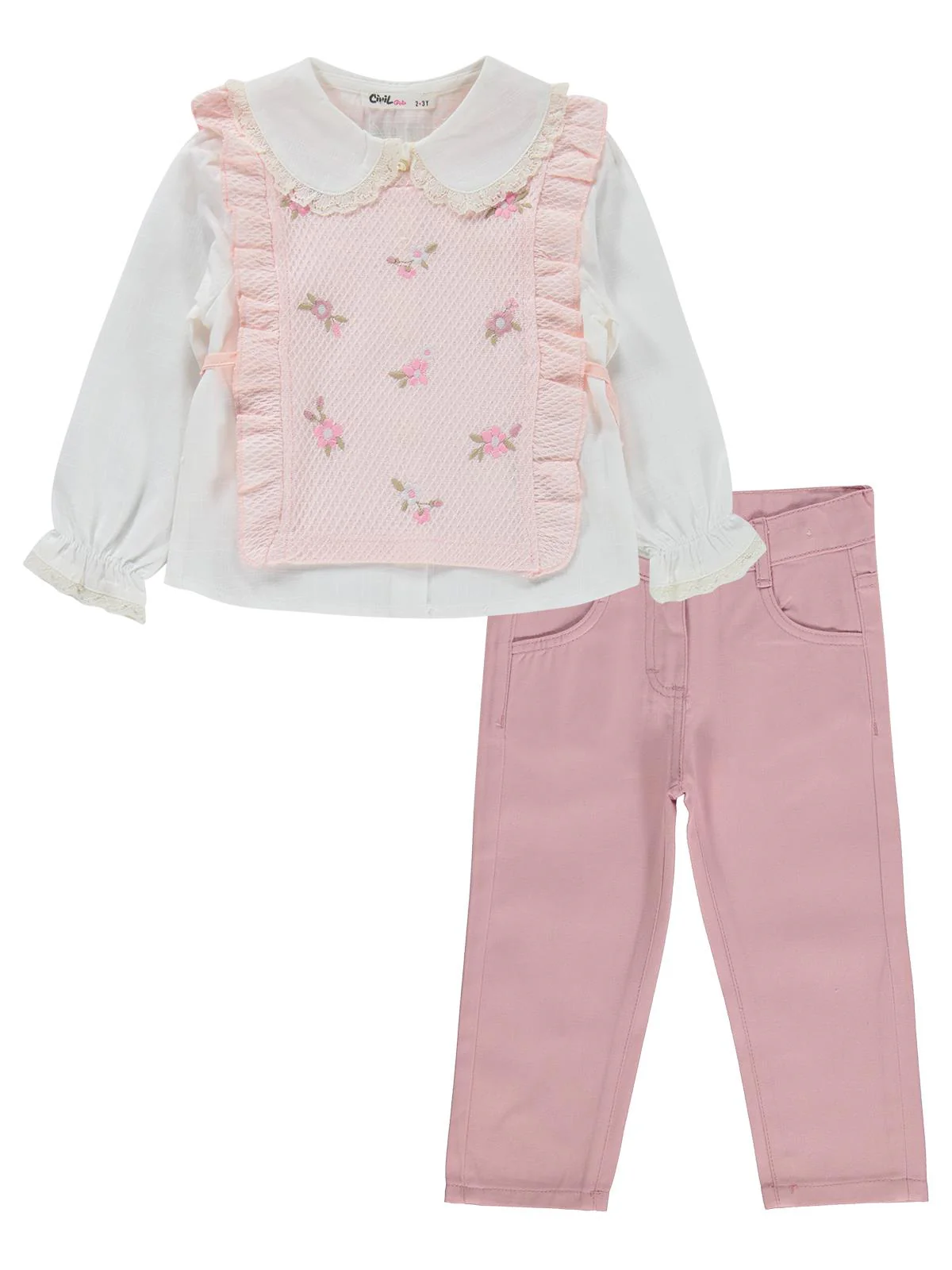 Civil Girls Renkli Çiçek Nakışlı 2-5 Yaş Takım - Pembe - Image 5