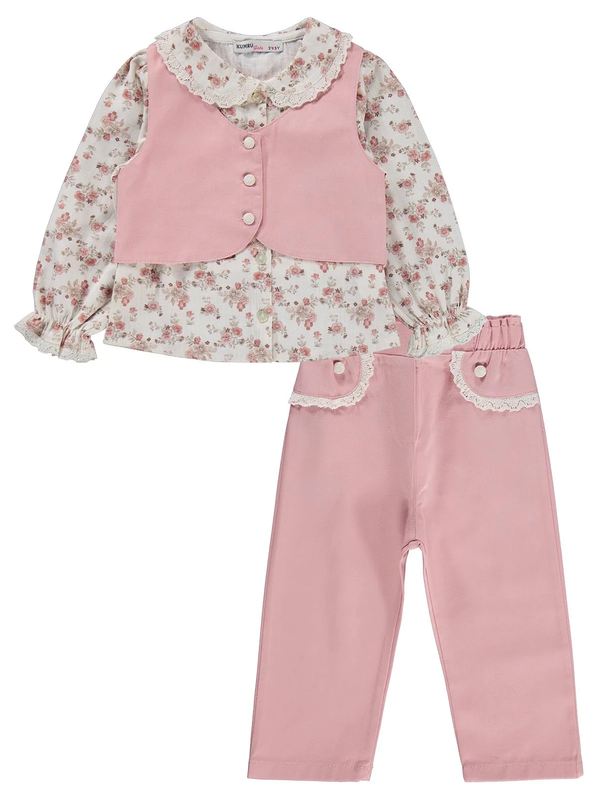 Civil Girls Yelek Pantolon Çiçekli Gömlek 3 Lü 2-5 Yaş Takım - Pembe