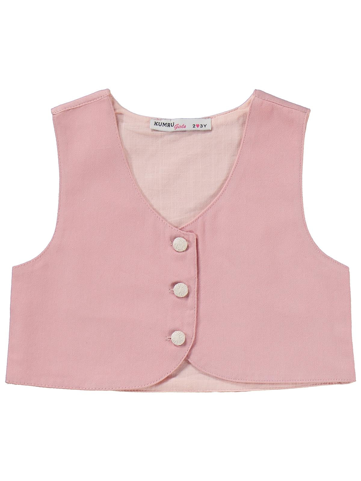 Civil Girls Yelek Pantolon Çiçekli Gömlek 3 Lü 2-5 Yaş Takım - Pembe - Image 3