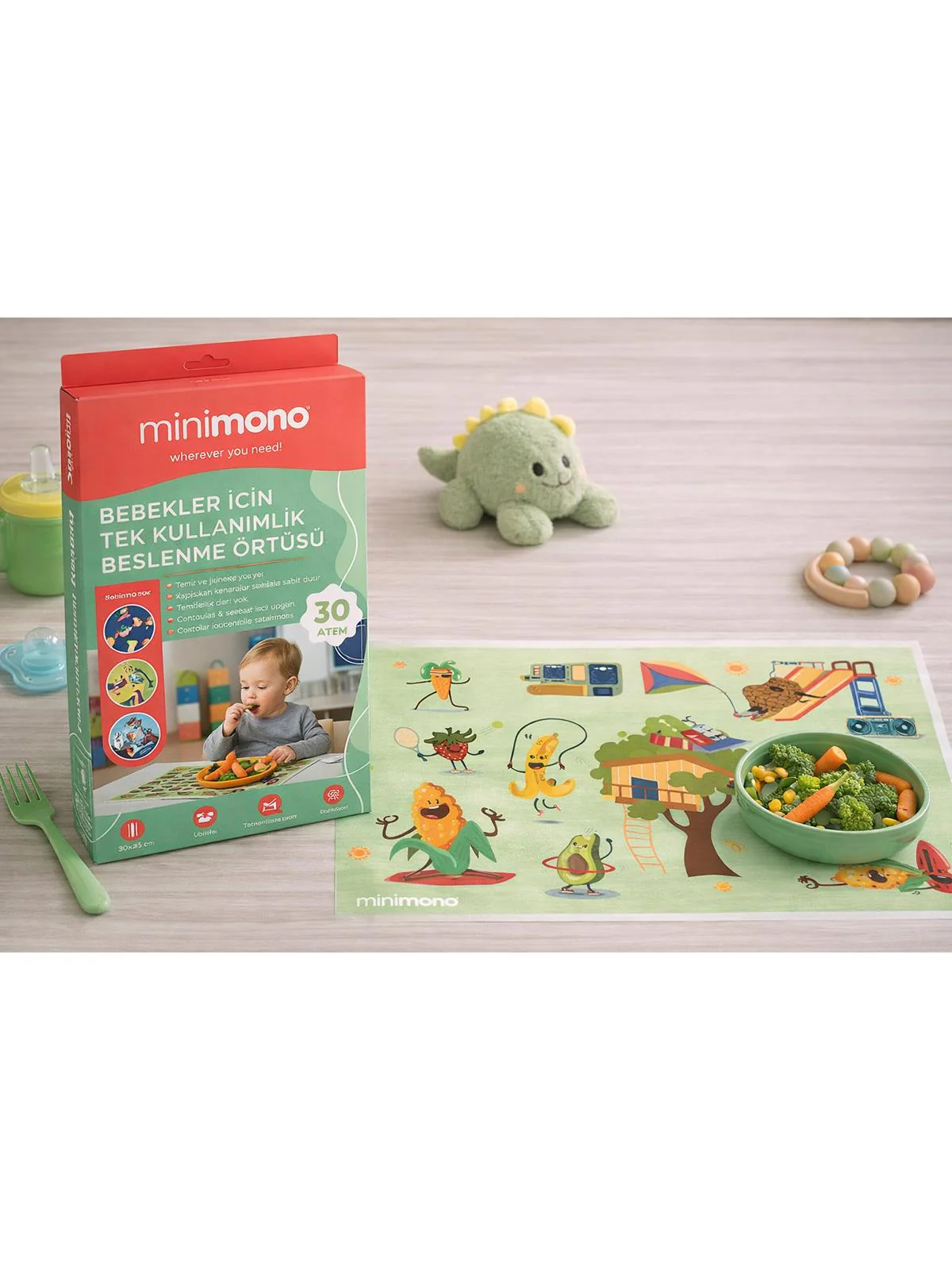Minimono Bebekler İçin Tek Kullanımlık Beslenme Örtüsü- 30'lu Paket - Yeşil - Image 4