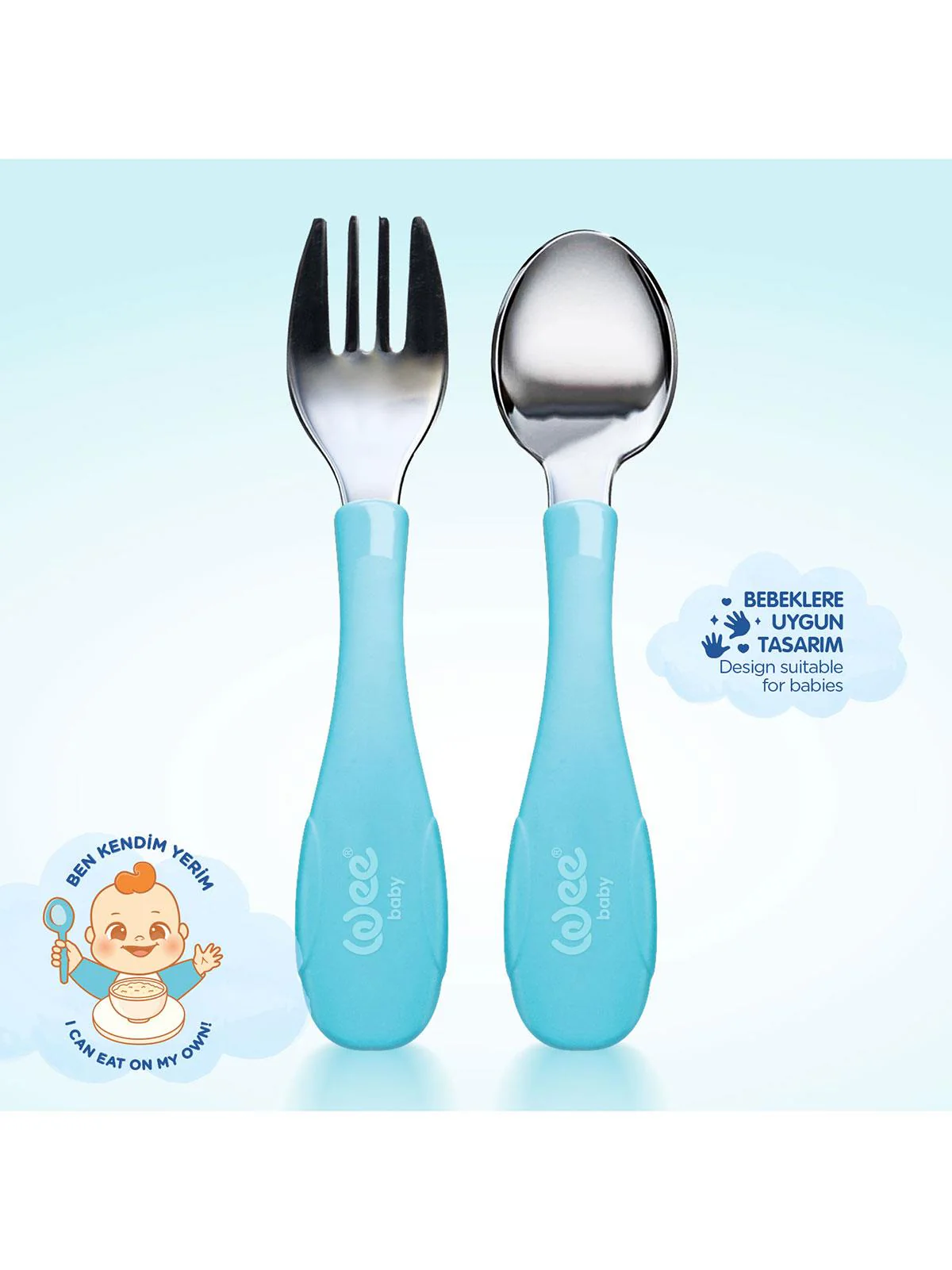 Wee Baby Paslanmaz Çelik Kaşık Çatal Seti - Mavi - Image 4